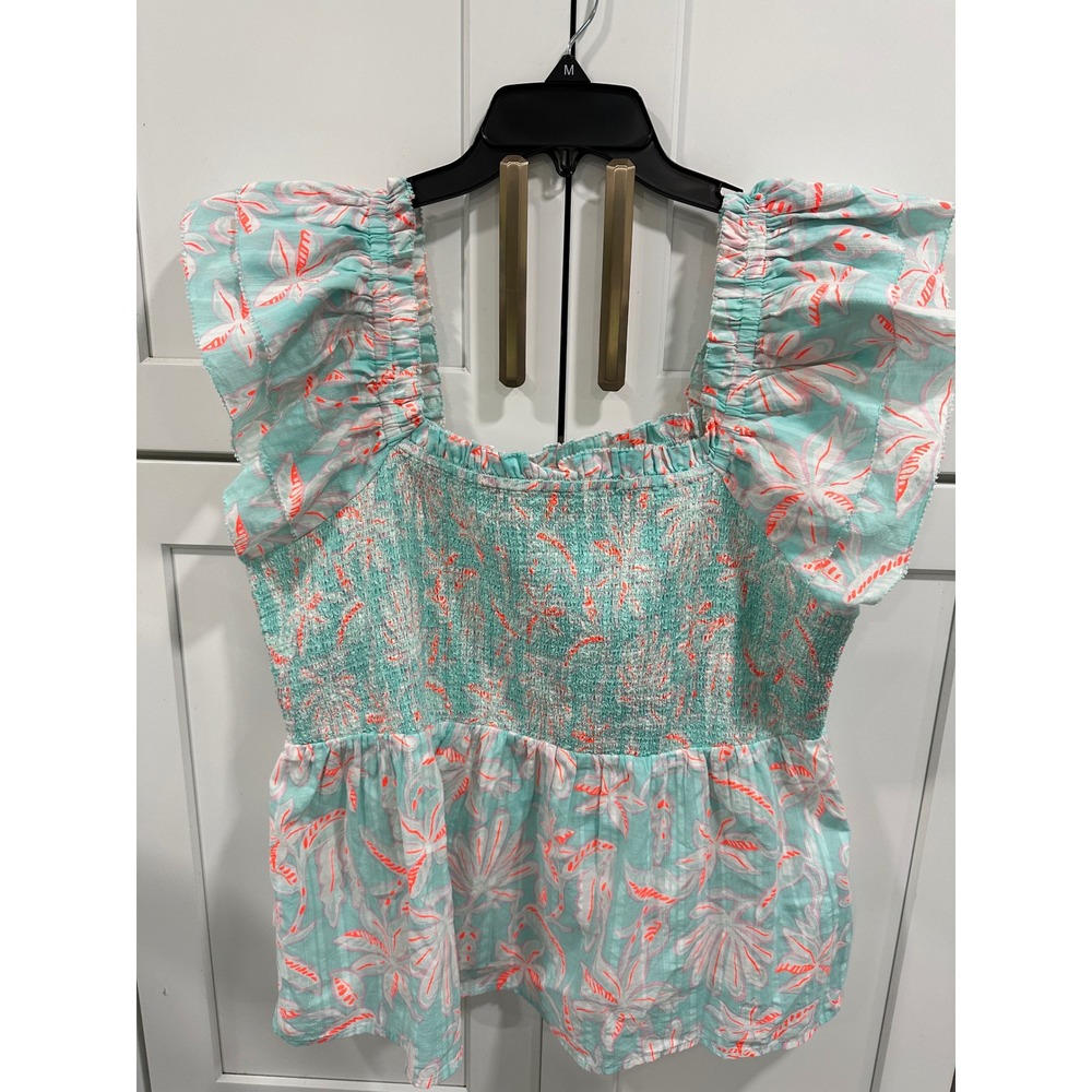 Vineyard Vines Mint Green & Coral Floral Smocked Peplum Top